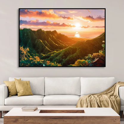 Honolulu Sunset Over Mountains Sitting Room - Black Canvas Wall Art