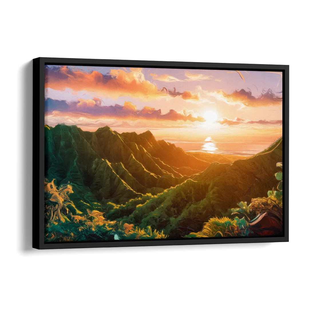 Honolulu Sunset Over Mountains Side - Black Canvas Wall Art