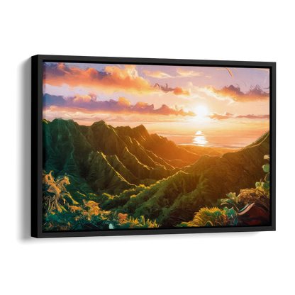 Honolulu Sunset Over Mountains Side - Black Canvas Wall Art