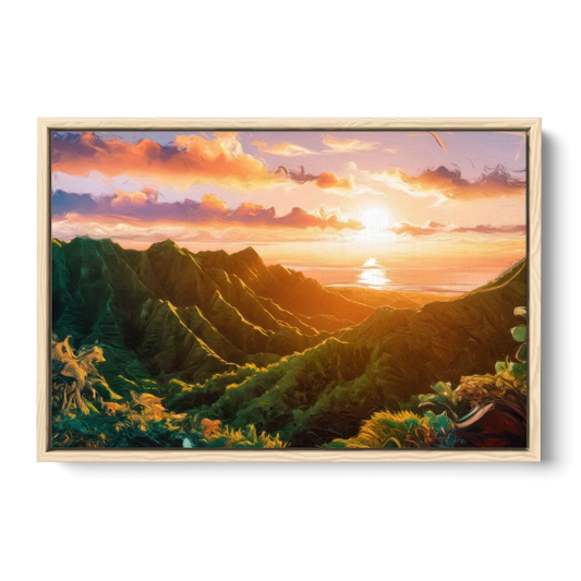 Honolulu Sunset Over Mountains - Oak Framed Canvas Wall Art - Front