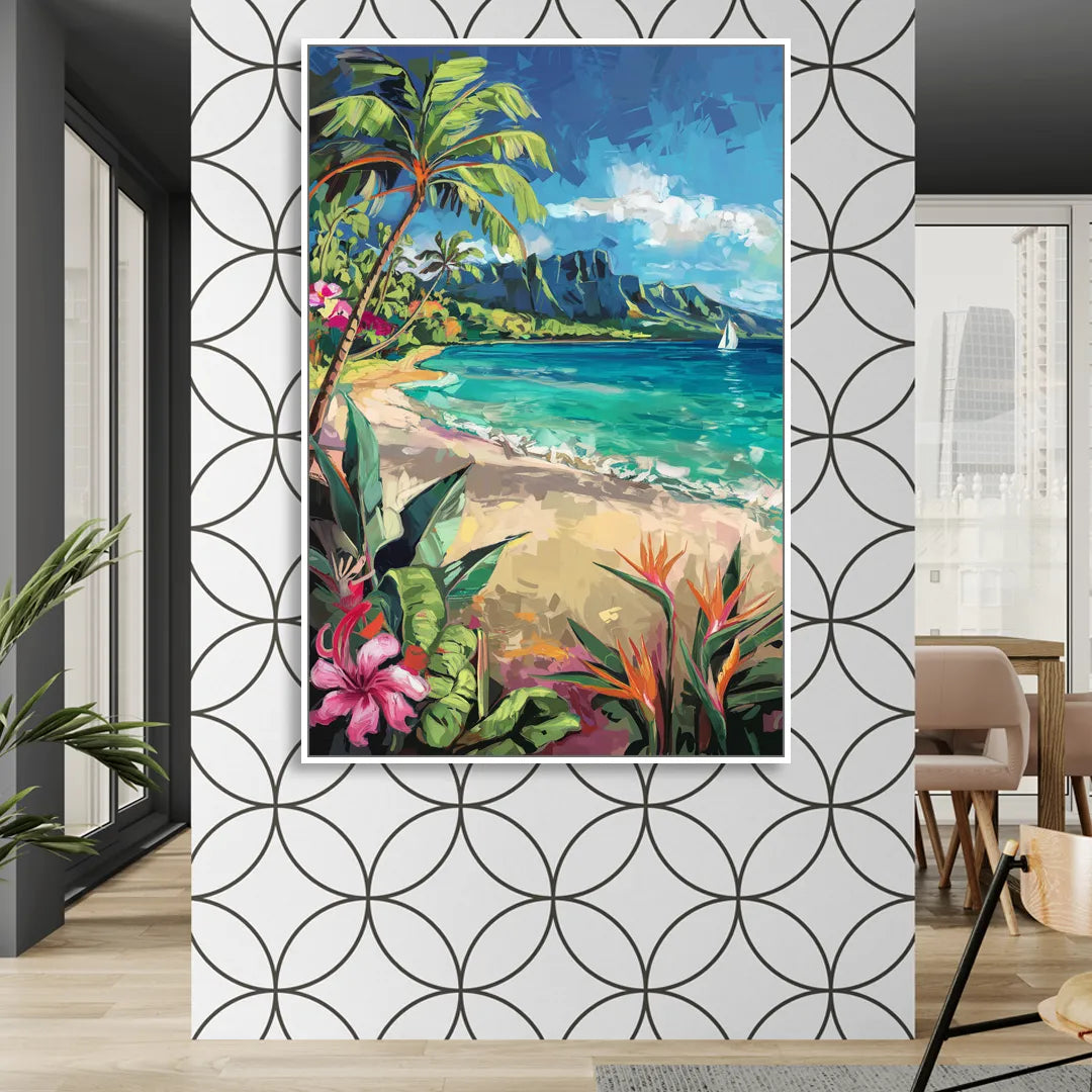 Honolulu Tropical Paradise Sitting Room - White Canvas Wall Art