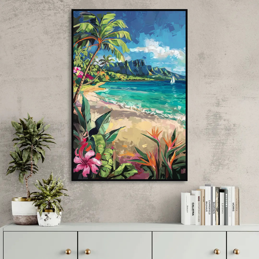Honolulu Tropical Paradise Living Room - Black Canvas Wall Art