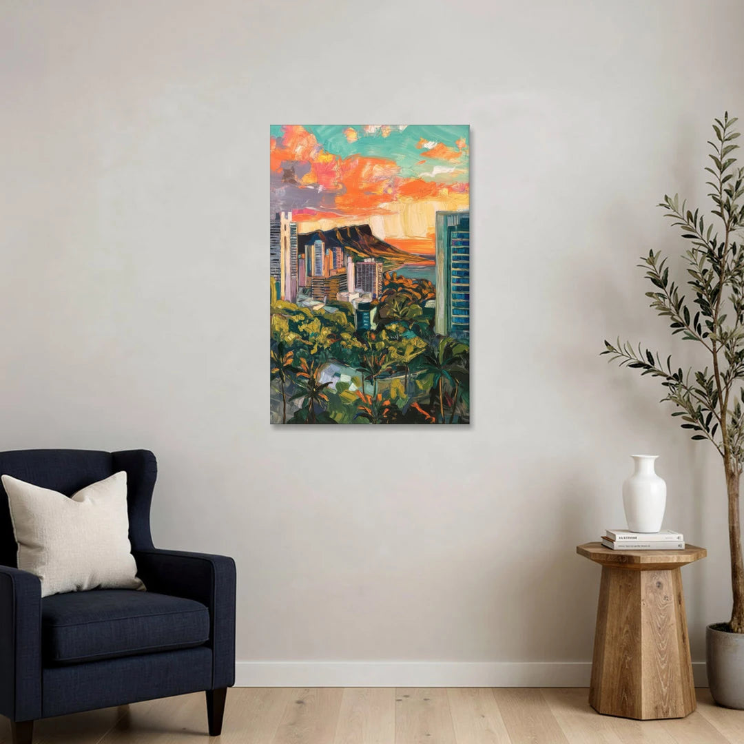 Honolulu Vibrant Cityscape - Canvas Wall Art - Sofa - 24x36
