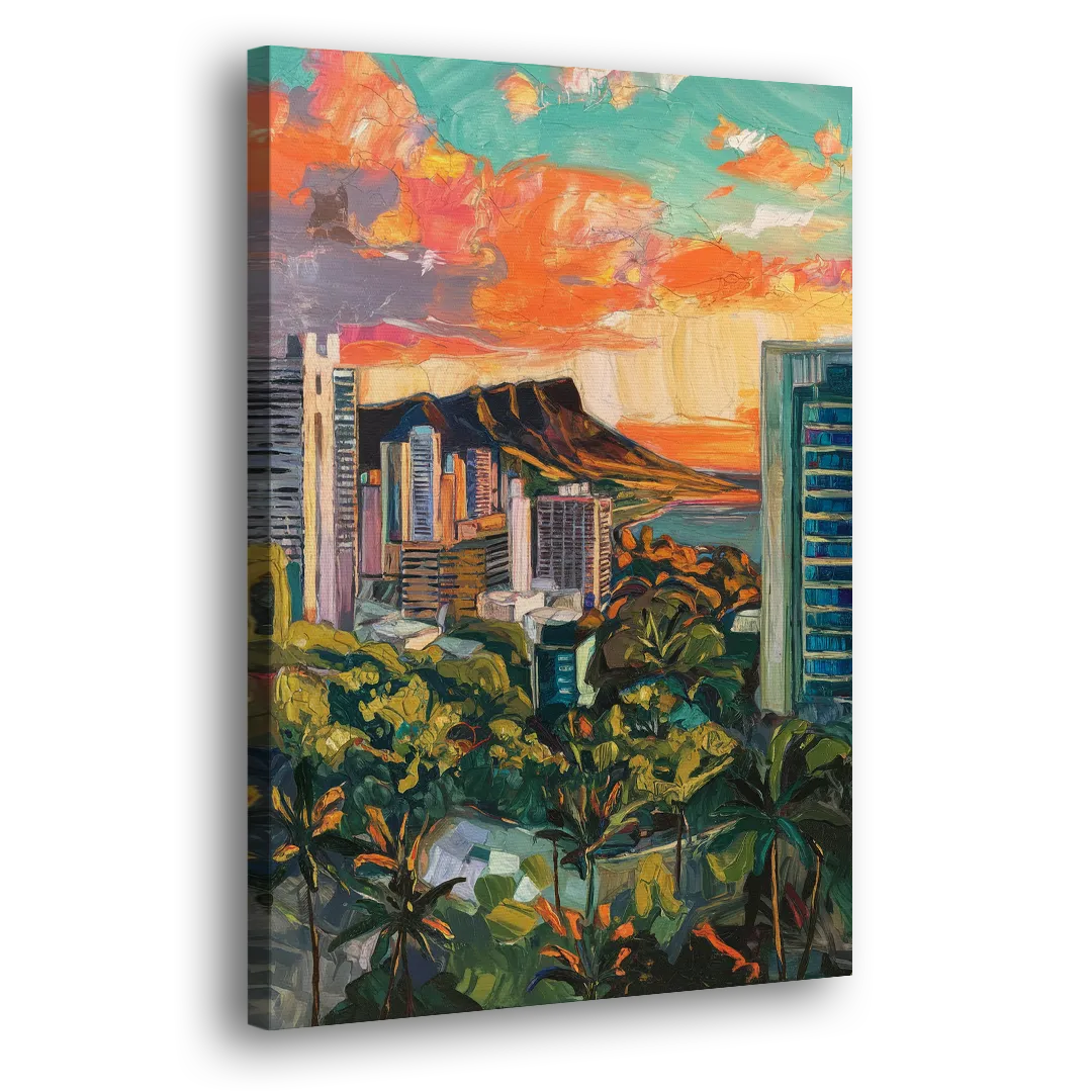 Honolulu Vibrant Cityscape Side - Canvas Wall Art