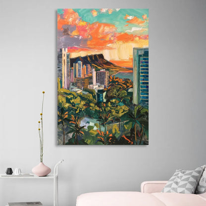 Honolulu Vibrant Cityscape Living Room - Canvas Wall Art