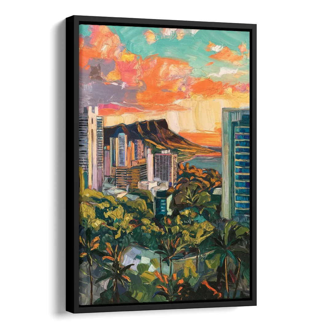 Honolulu Vibrant Cityscape Side - Black Canvas Wall Art