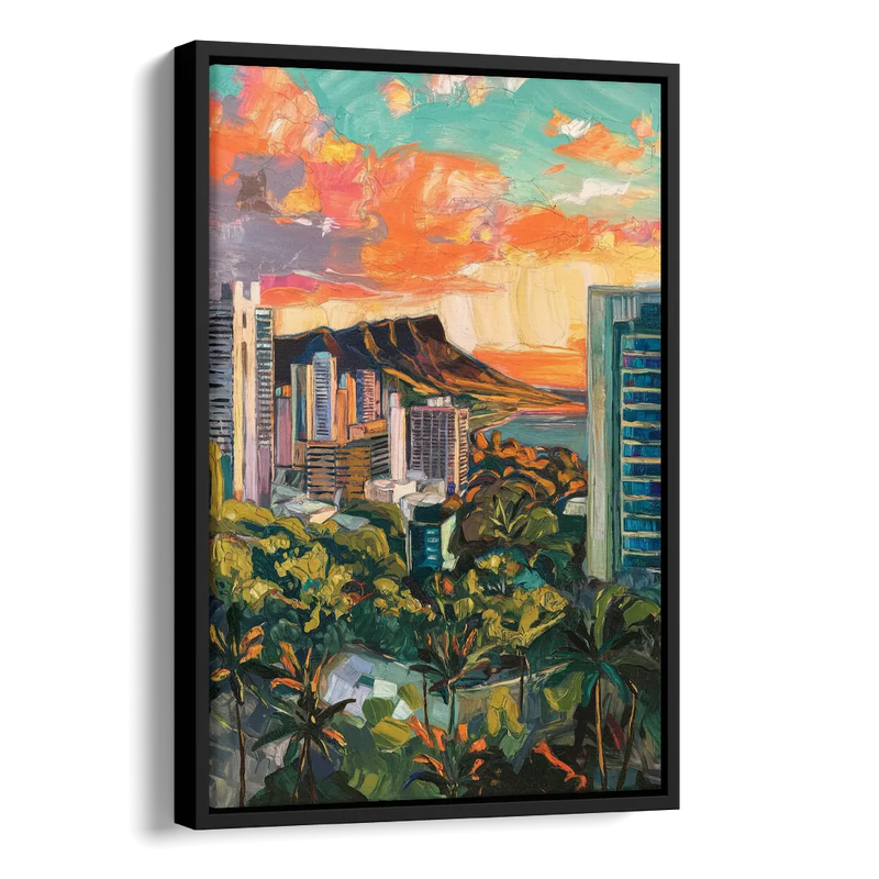Honolulu Vibrant Cityscape Side - Black Canvas Wall Art