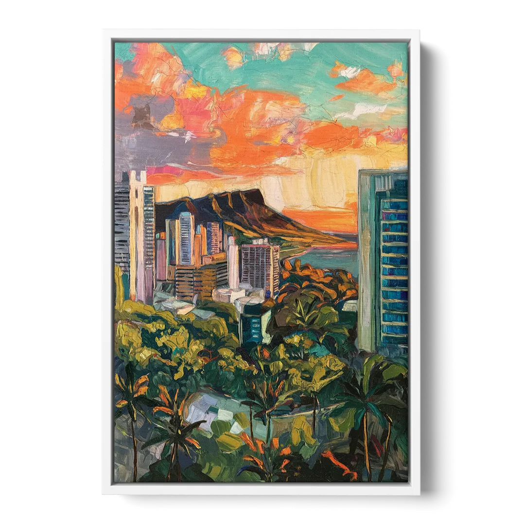 Honolulu Vibrant Cityscape Front - White Canvas Wall Art