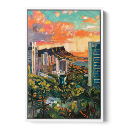 Honolulu Vibrant Cityscape Front - White Canvas Wall Art