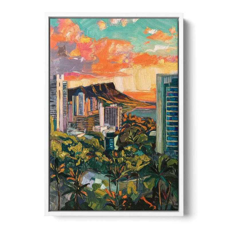 Honolulu Vibrant Cityscape Front - White Canvas Wall Art