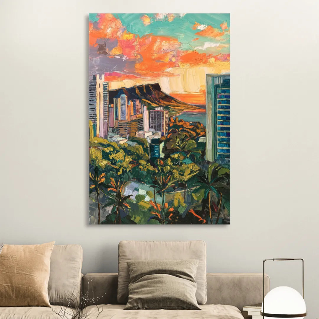 Honolulu Vibrant Cityscape Sitting Room - Canvas Wall Art
