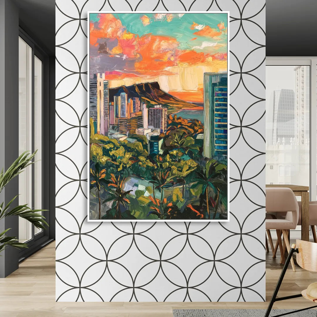 Honolulu Vibrant Cityscape Living Room - White Canvas Wall Art