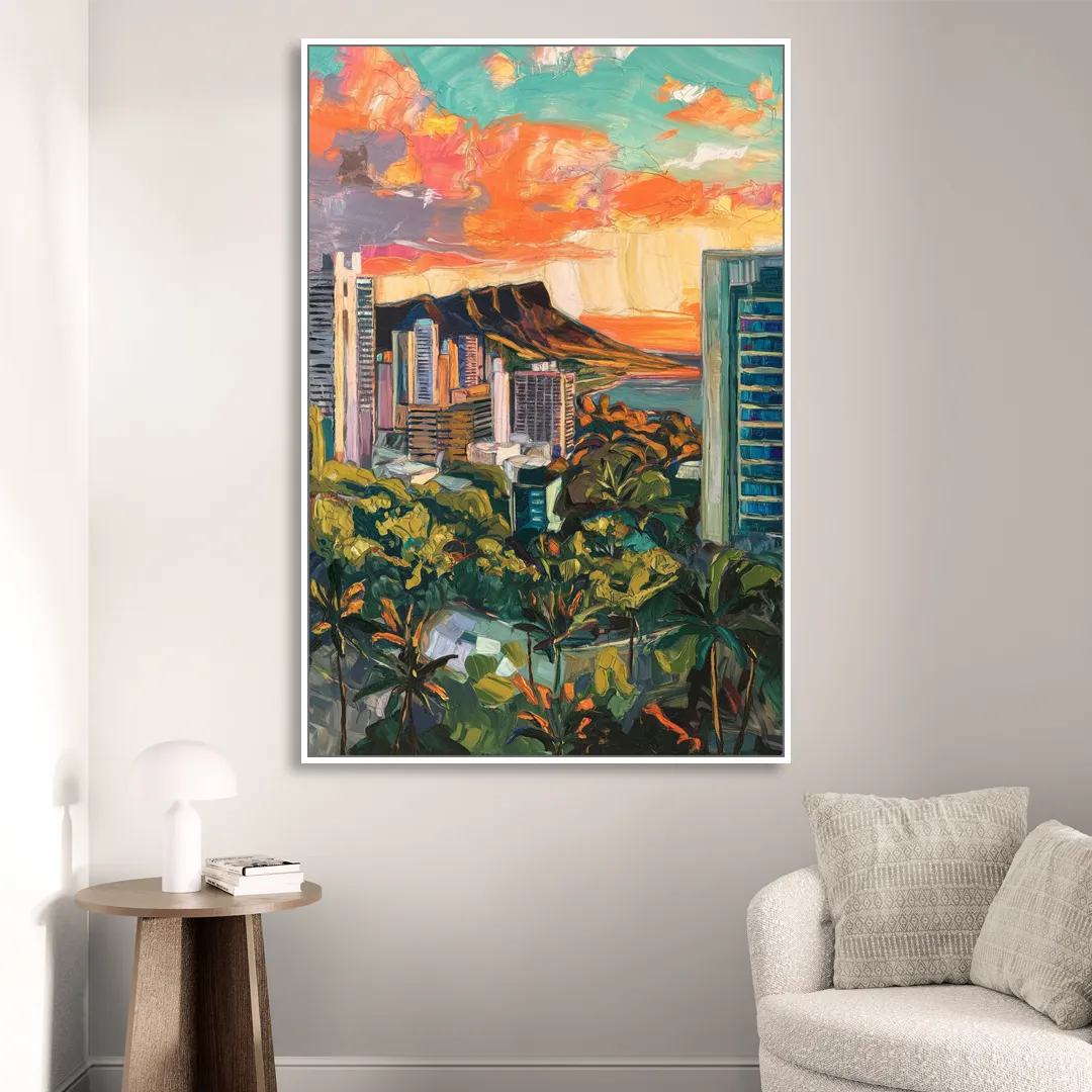 Honolulu Vibrant Cityscape Sitting Room - White Canvas Wall Art