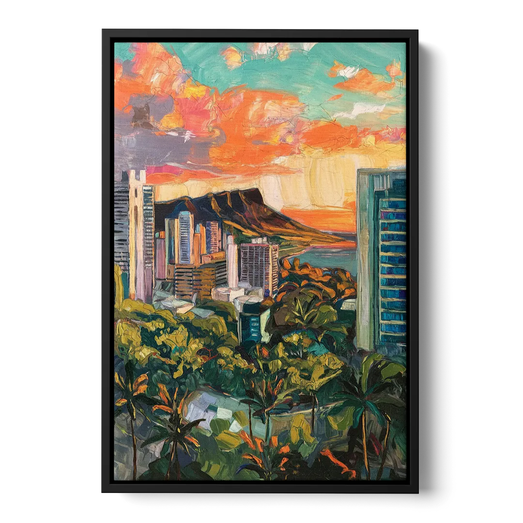 Honolulu Vibrant Cityscape Front - Black Canvas Wall Art