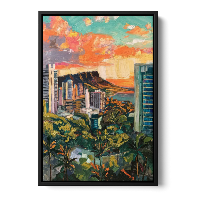 Honolulu Vibrant Cityscape Front - Black Canvas Wall Art