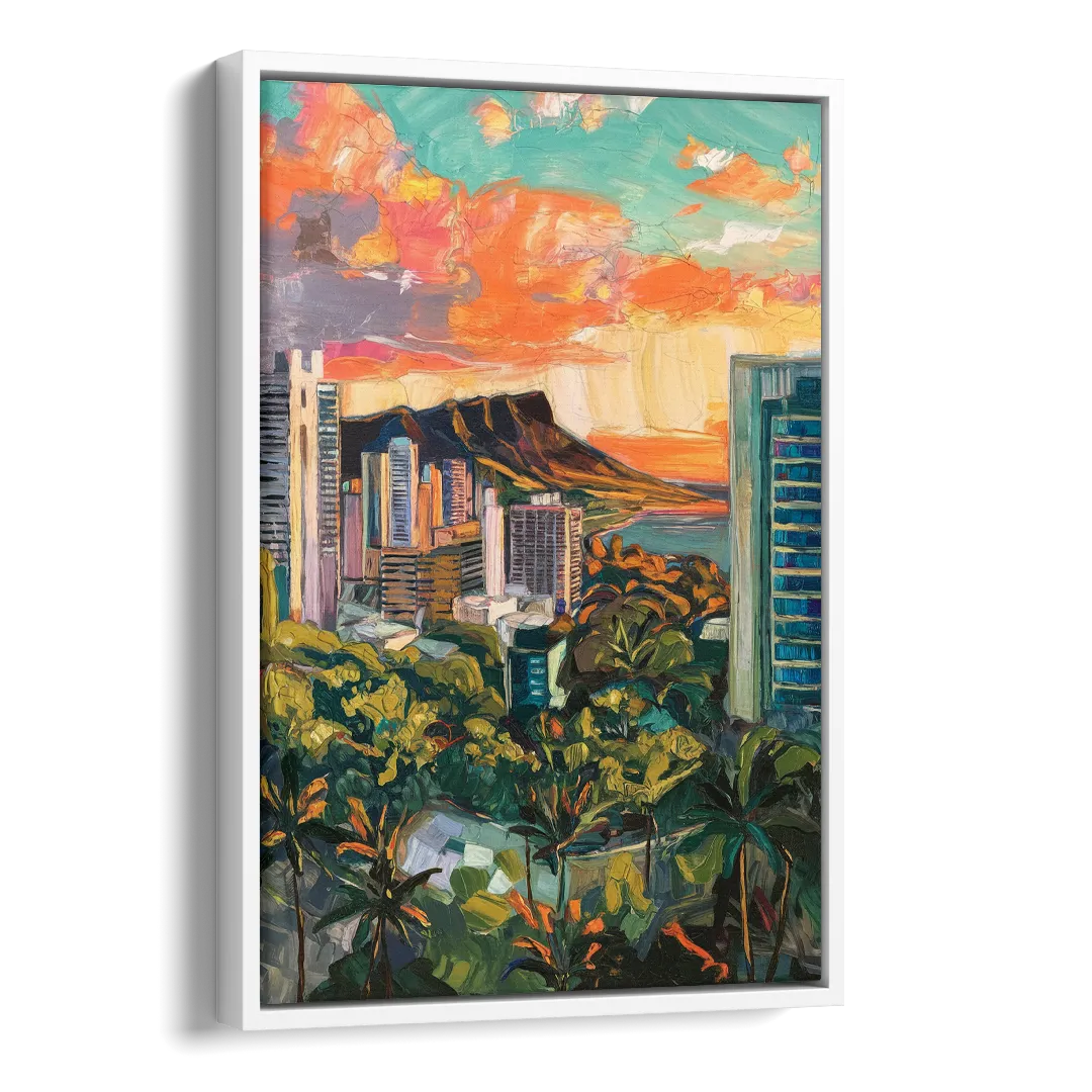 Honolulu Vibrant Cityscape Side - White Canvas Wall Art