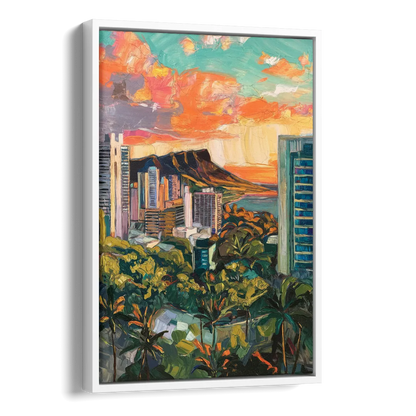 Honolulu Vibrant Cityscape Side - White Canvas Wall Art
