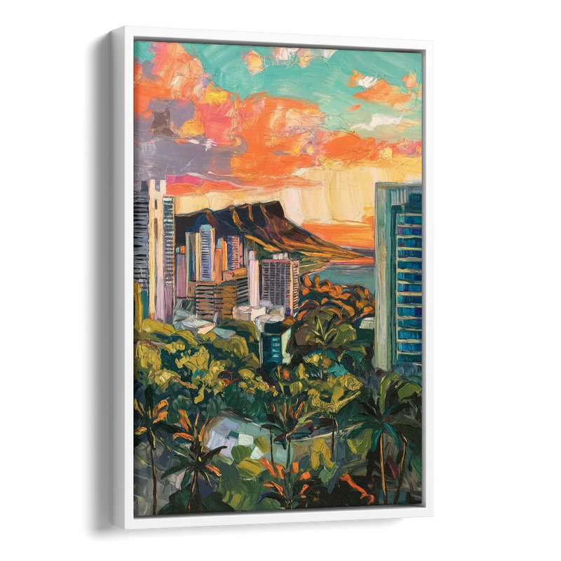 Honolulu Vibrant Cityscape Side - White Canvas Wall Art
