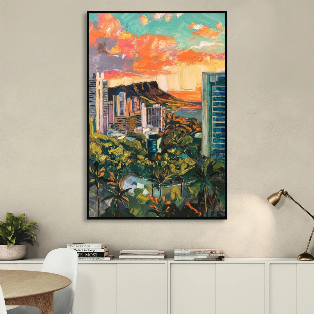Honolulu Vibrant Cityscape Sitting Room - Black Canvas Wall Art