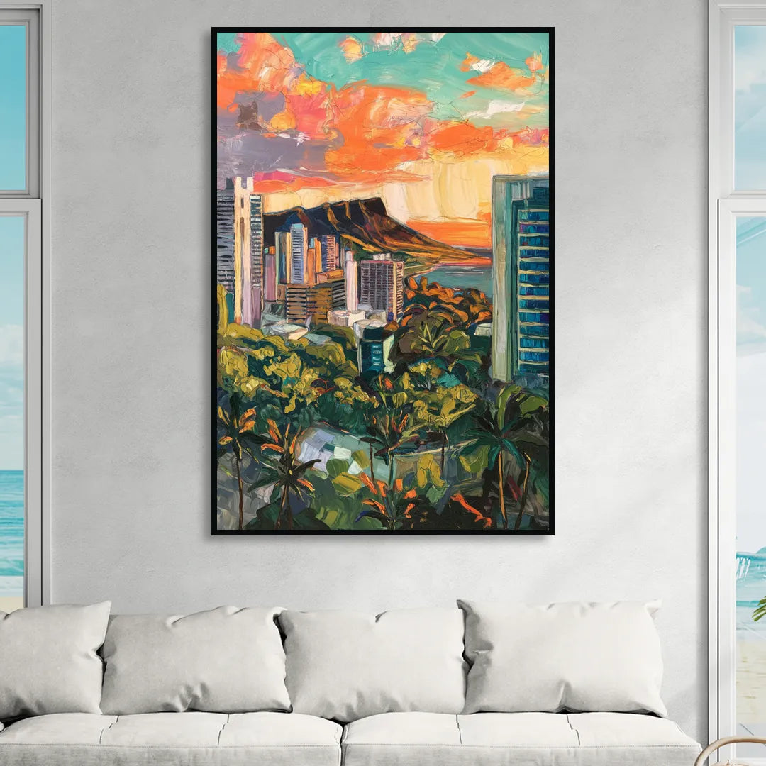 Honolulu Vibrant Cityscape Living Room - Black Canvas Wall Art