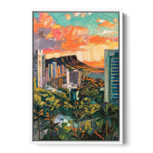 Honolulu Vibrant Cityscape - White Framed Canvas Wall Art - Front