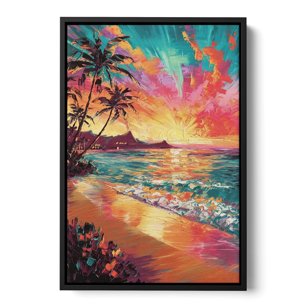 Honolulu Waikiki Beach Sunset Front - Black Canvas Wall Art