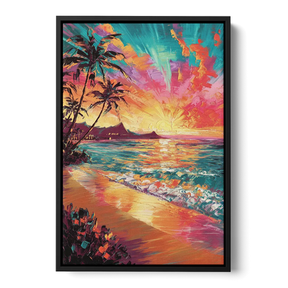 Honolulu Waikiki Beach Sunset Front - Black Canvas Wall Art