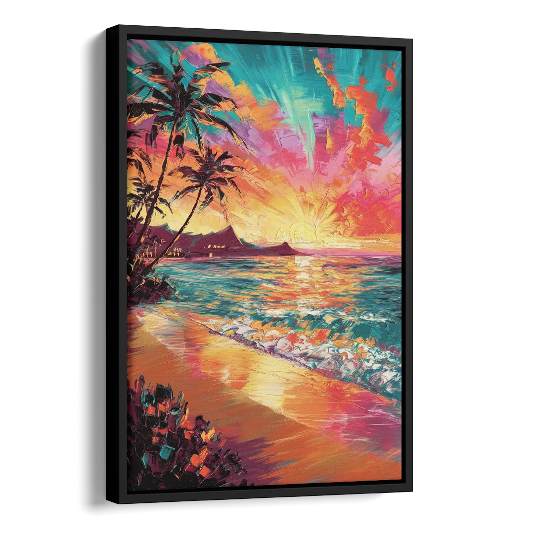 Honolulu Waikiki Beach Sunset Side - Black Canvas Wall Art