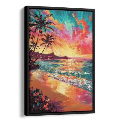 Honolulu Waikiki Beach Sunset Side - Black Canvas Wall Art