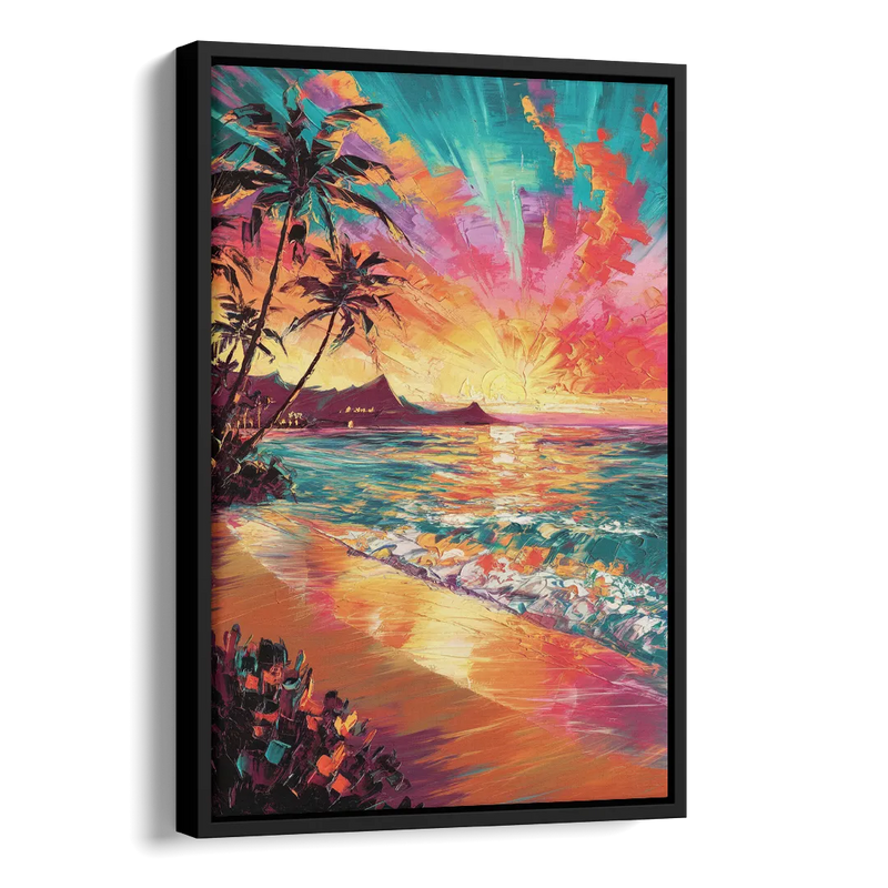 Honolulu Waikiki Beach Sunset Side - Black Canvas Wall Art