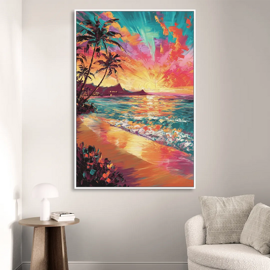 Honolulu Waikiki Beach Sunset Living Room - White Canvas Wall Art
