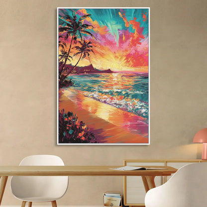 Honolulu Waikiki Beach Sunset Sitting Room - White Canvas Wall Art