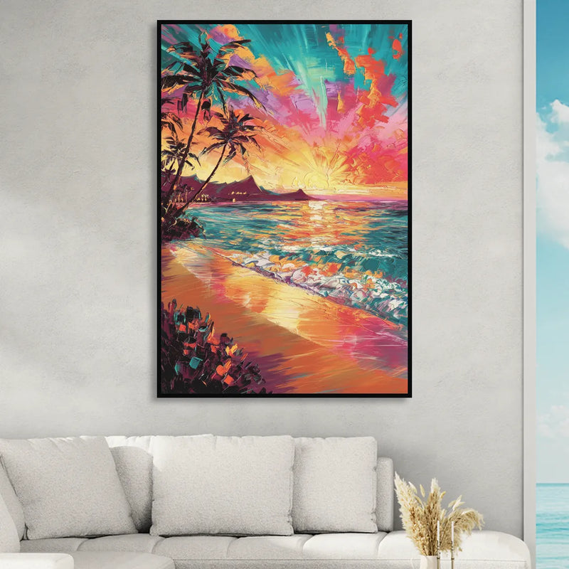 Honolulu Waikiki Beach Sunset Sitting Room - Black Canvas Wall Art
