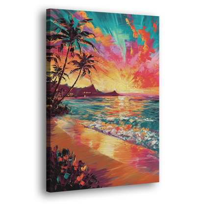 Honolulu Waikiki Beach Sunset Side - Canvas Wall Art