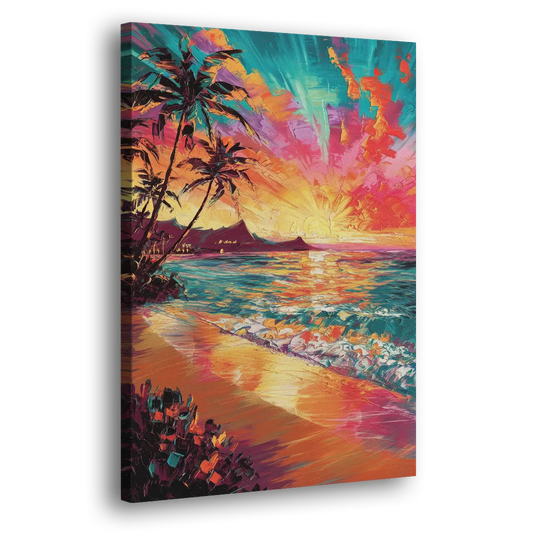 Honolulu Waikiki Beach Sunset Side - Canvas Wall Art
