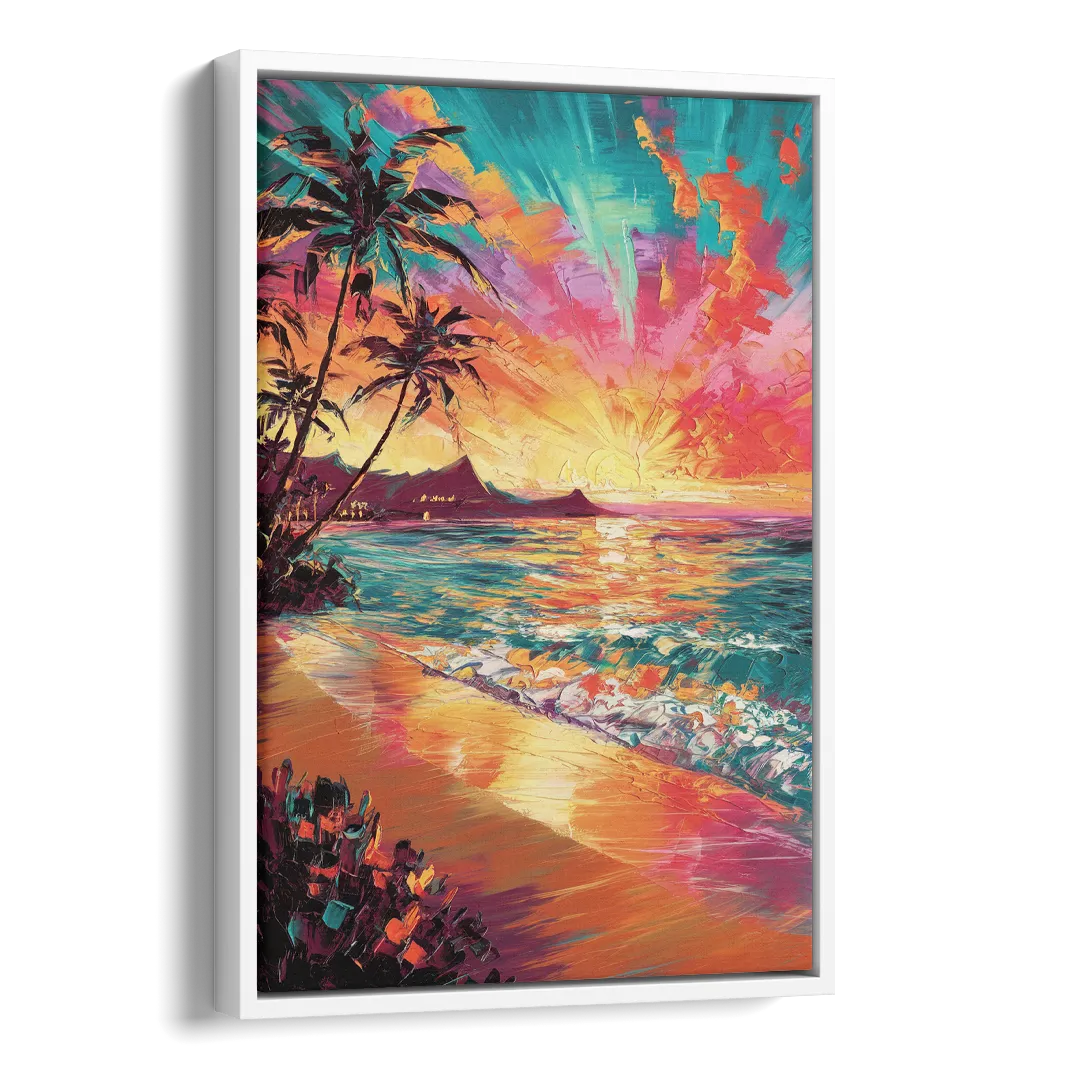 Honolulu Waikiki Beach Sunset Side - White Canvas Wall Art