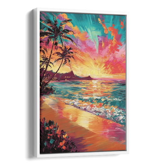 Honolulu Waikiki Beach Sunset Side - White Canvas Wall Art