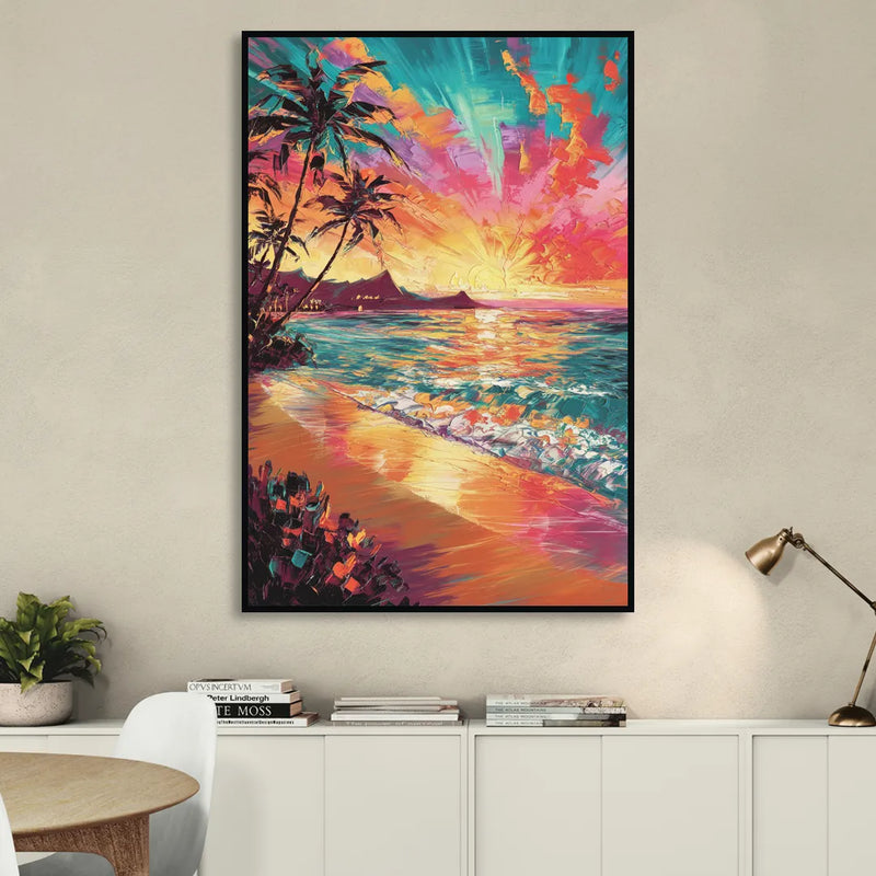 Honolulu Waikiki Beach Sunset Living Room - Black Canvas Wall Art