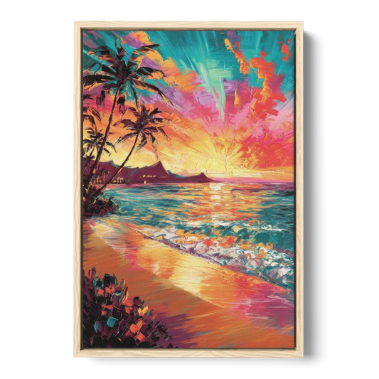 Honolulu Waikiki Beach Sunset - Oak Framed Canvas Wall Art - Front