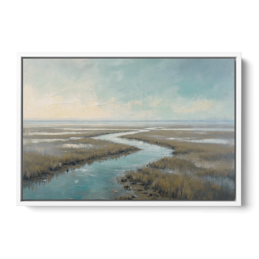 Horizon Wall Art of a Lowcountry Marsh at Dawn - White Framed Canvas Wall Art - Front