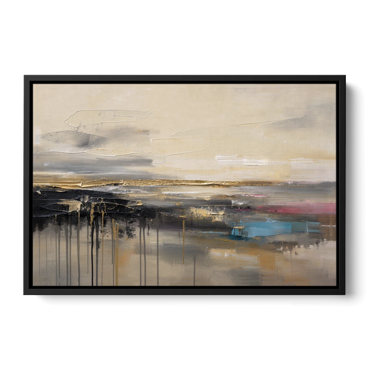 Horizontal Abstract Gold Seam Horizon Over Dripping Earth - Black Framed Canvas Wall Art - Front
