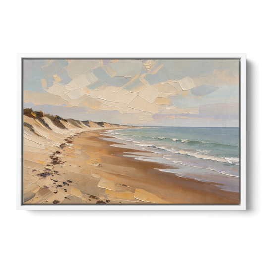 Horizontal Low Tide Beach Below Ivory Sky for the Bedroom - White Framed Canvas Wall Art - Front