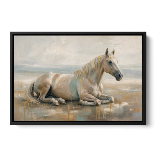 Horse Decor for Living Room White Horse at Rest - Black Framed Canvas Wall Art - Front
