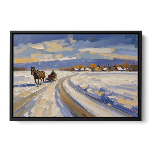 Horse Drawn Sleigh Painting Toward the Village - Black Framed Canvas Wall Art - Front