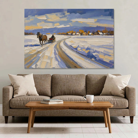 Horse Drawn Sleigh Painting Toward the Village - Canvas Wall Art - Sofa - 60x40