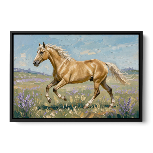 Horse Oil Painting of a Palomino in Lilac Meadow - Black Framed Canvas Wall Art - Front