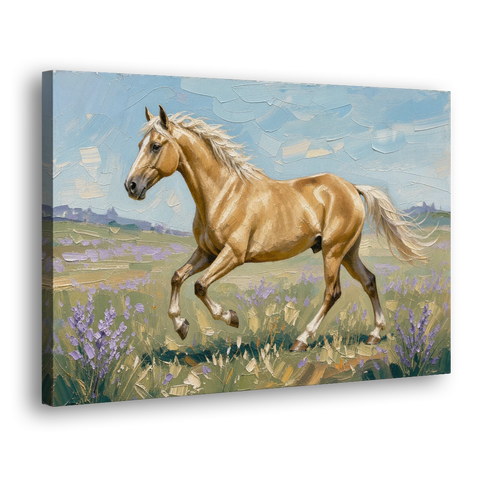 Horse Oil Painting of a Palomino in Lilac Meadow - Canvas Wall Art - Side