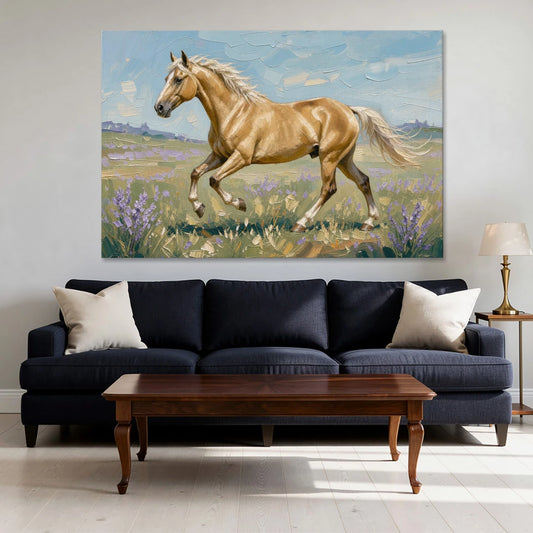 Horse Oil Painting of a Palomino in Lilac Meadow - Canvas Wall Art - Sofa - 60x40