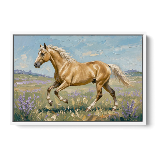 Horse Oil Painting of a Palomino in Lilac Meadow - White Framed Canvas Wall Art - Front