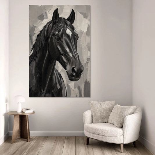 Horse Portrait Painting in Charcoal and Ivory - Canvas Wall Art - Sofa - 40x60